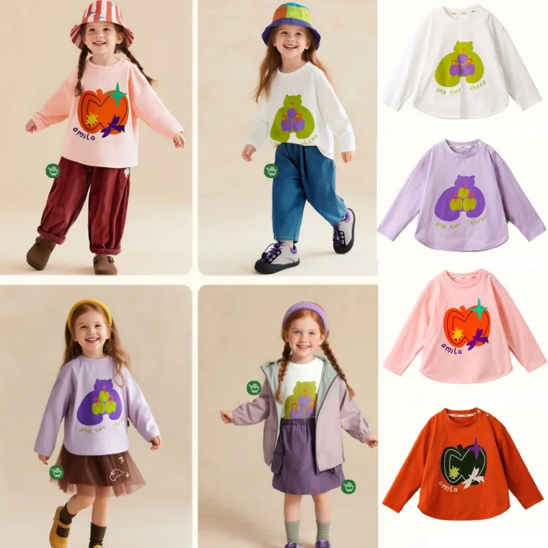

Детская футболка, осень 2023, новая базовая рубашка с принтом для мальчиков и девочек, милый топ из чистого хлопка с длинными рукавами, детская одежда