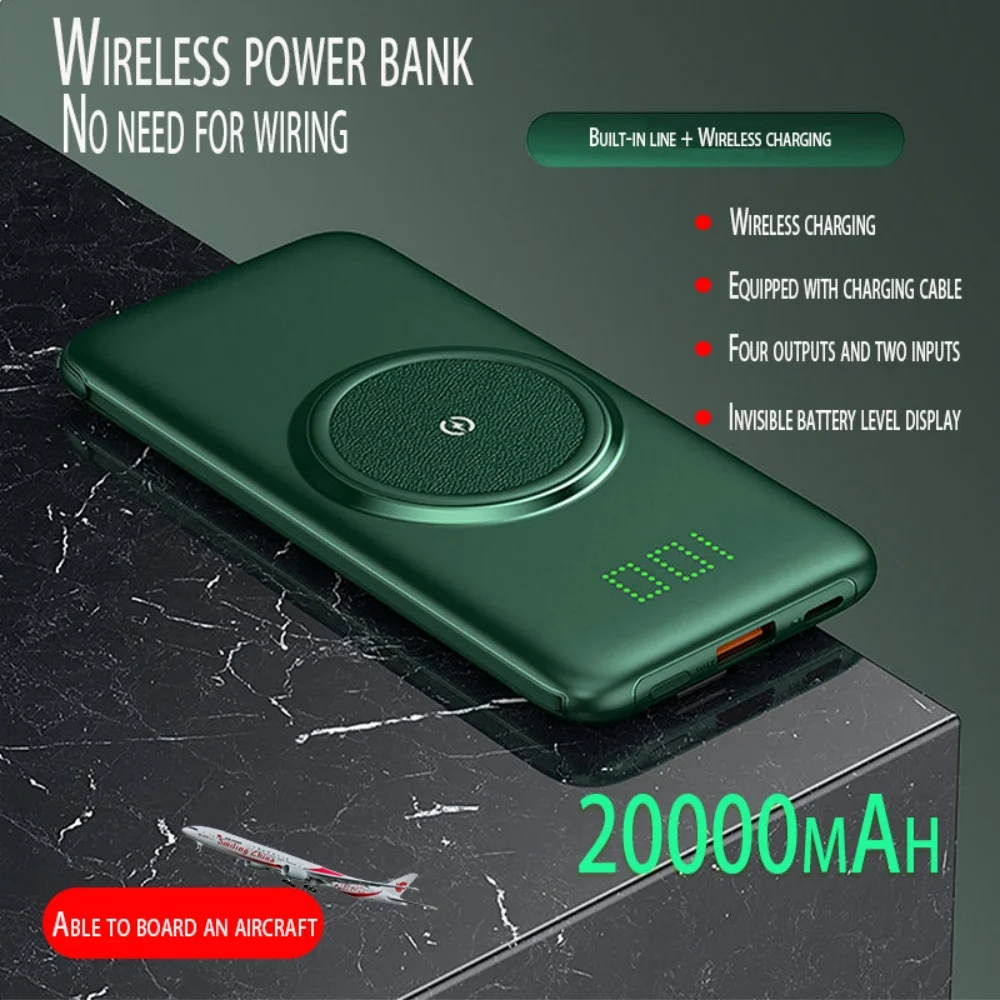 20000mAh Wireless Power Bank Built-in 4 Cables Powerbank Portable External Battery Charger For iPhone 12 Pro Xiaomi 10