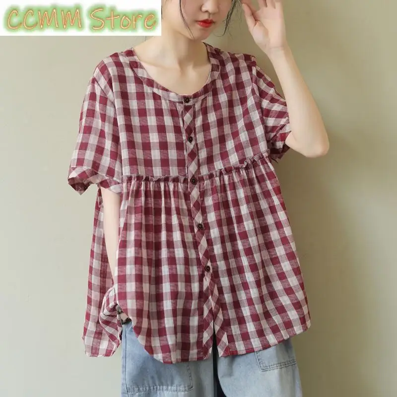 Fashion O-Neck Button Loose Spliced Ruffles Plaid Shirts Women Clothing Summer New Oversized Casual Tops All-match Blouses