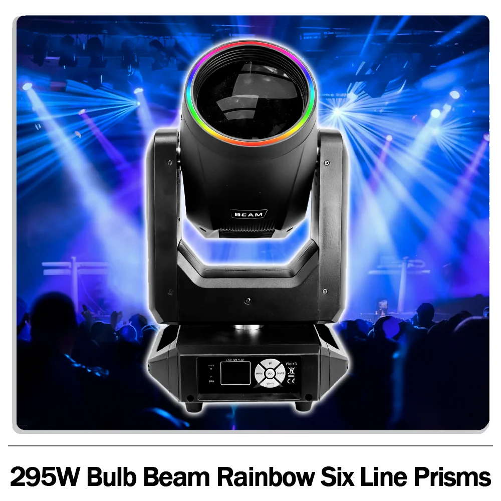 

295W Bulb Beam Moving head light with ring frost Rainbow effect Six line Prisms DMX512 for DJ Disco party bar wedding club