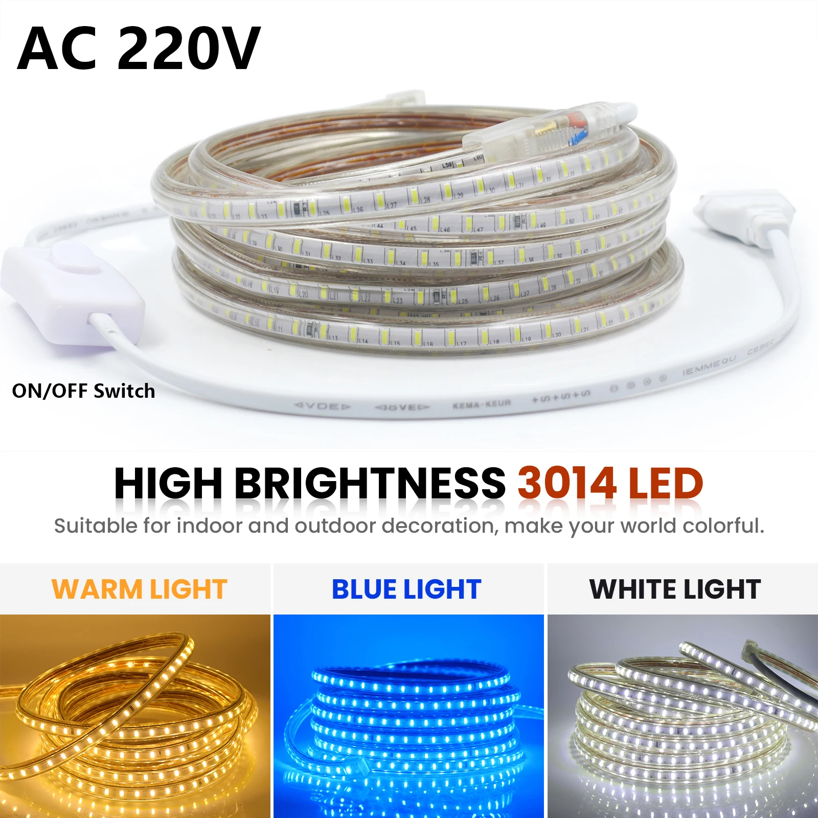 

220V Waterproof Outdoor LED Strip With Switch EU Plug SMD 3014 120LEDs/m White/Warm White/Blue LED Tape 5M 10M 15M 20M 25M