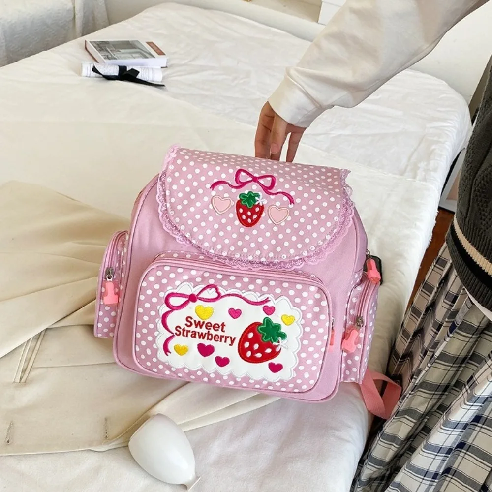 Fashion Cartoon Strawberry School Bag Embroidery Mochila Dots Girl Backpack Multi-Pocket Fruit Student Rucksack Women