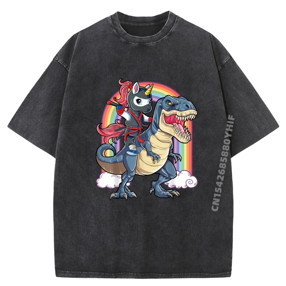 

Ninja Unicorn Riding Dinosaur T Rex Funny Rainbow White Graphic Tee Funny T Shirts Street Wear Washed Shirt