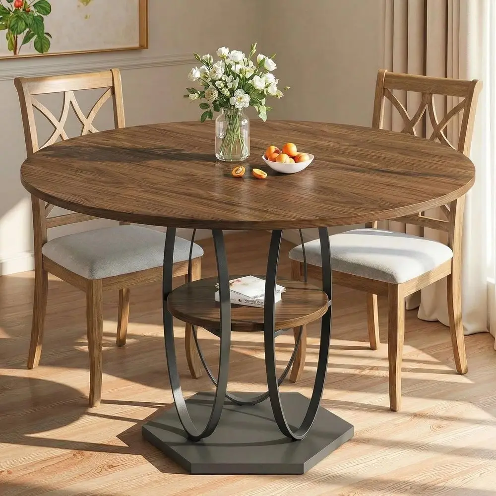 

Walnut Round Dining Table for 4-6 with Metal Pedestal Base and Open Storage Shelves for Small Spaces