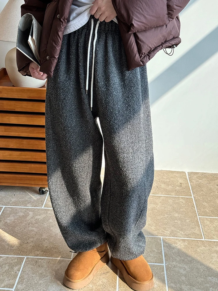 High Elastic Waist Gray Thick Warm Pocket Long Woolen Pants New Trousers Women Fashion Tide Autumn Winter