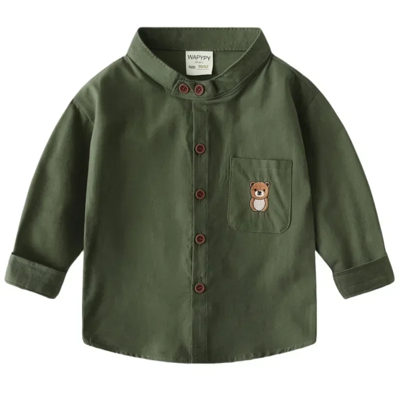 Camisa de manga larga con bordado de oso de dibujos animados para niños, camisas con cuello levantado para primavera y otoño, Tops, ropa informal para niños 2025