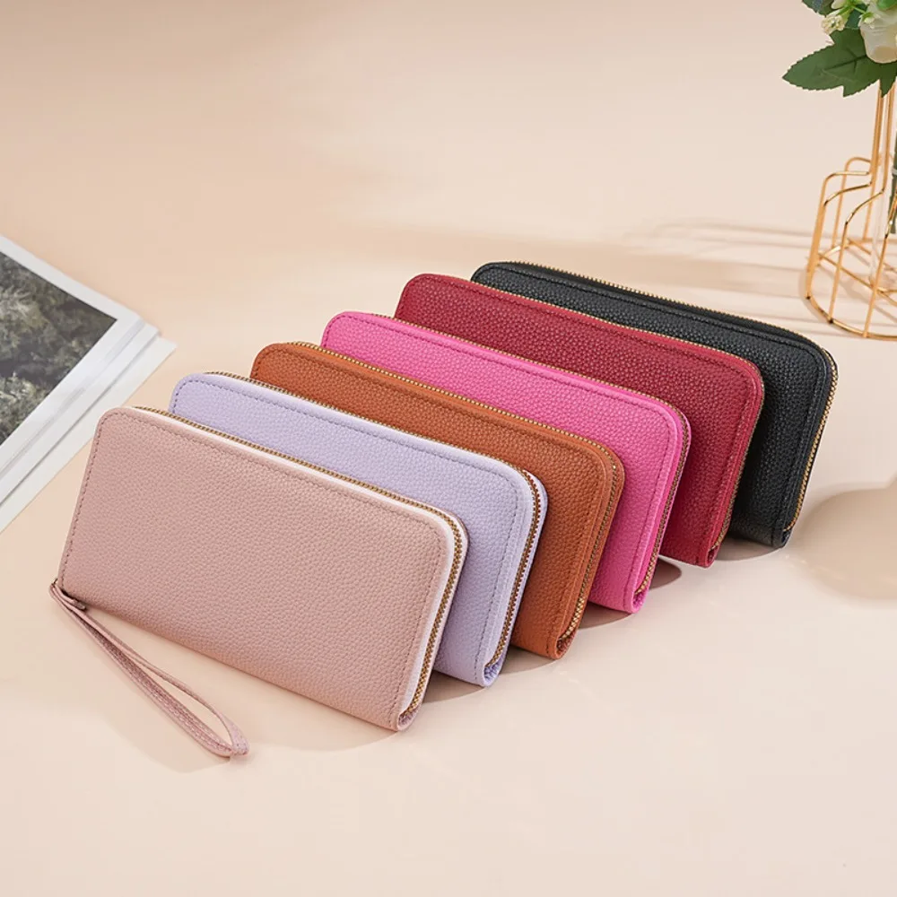 Luxury Leather Long Wallet With Wrist Strap Solid Color Multi Card Holder Large Capacity Phone Handbag Women - view 3