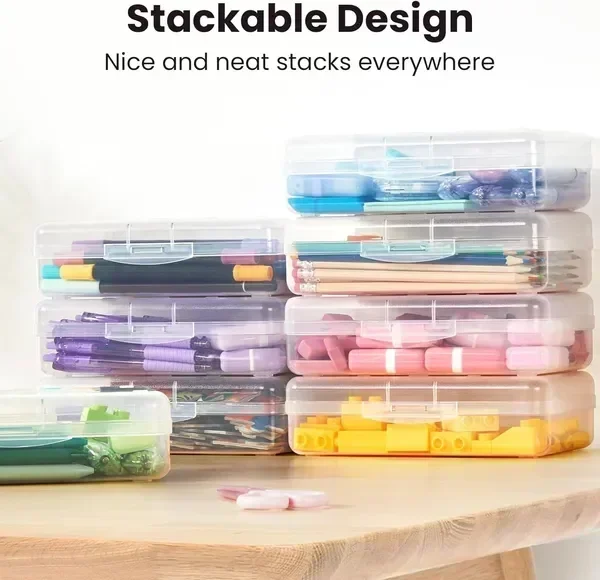 

Plastic Pencil Case Box 6 Pack, Colored Large Craft Storage Bulk, Plastic Containers with Snap-tight
