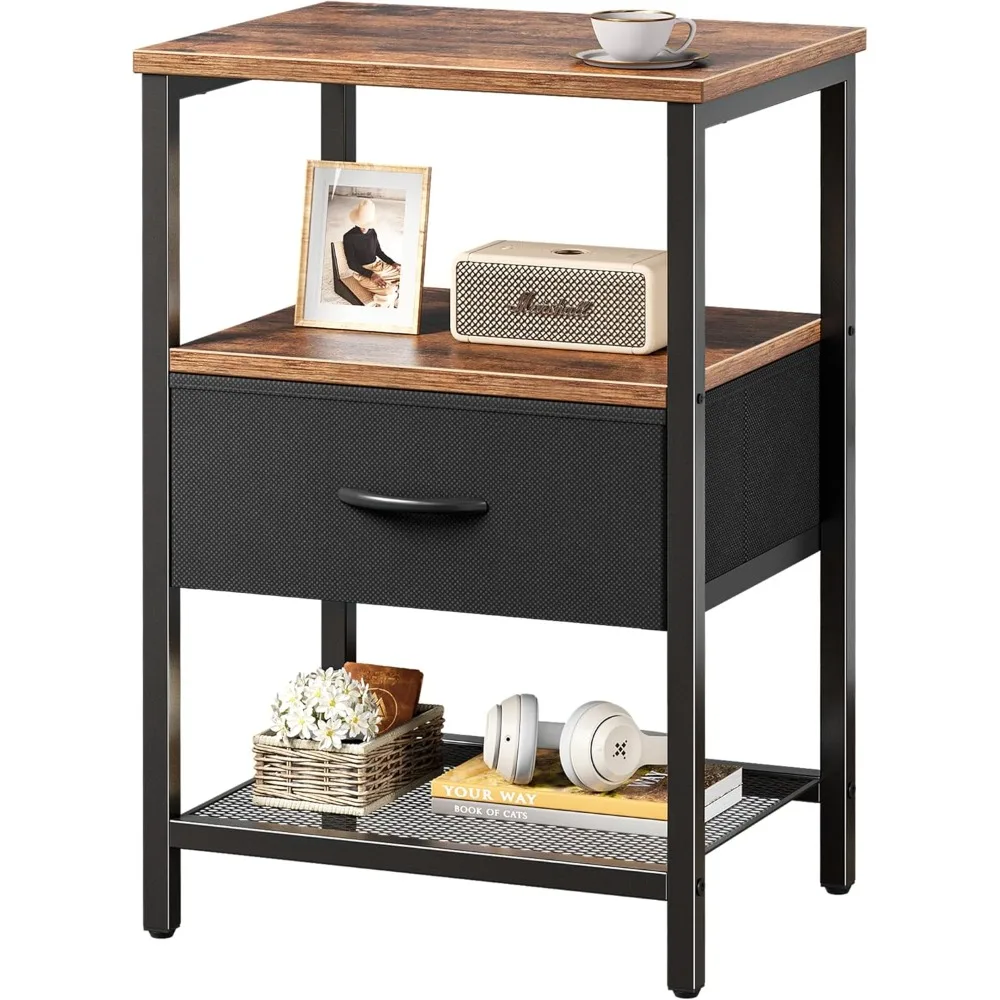 

Night Stand with Fabric Drawer, Side Table with Mesh Shelf, Bedroom Nightstand