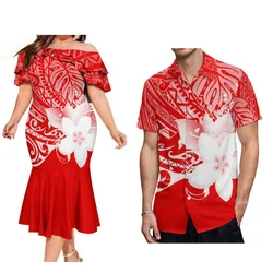 Polynesian Islands Samoa Red Floral Couple Suit Women'S Off-The-Shoulder Dress For Dinner Evening Gown With Hawaiian Men'S Shirt
