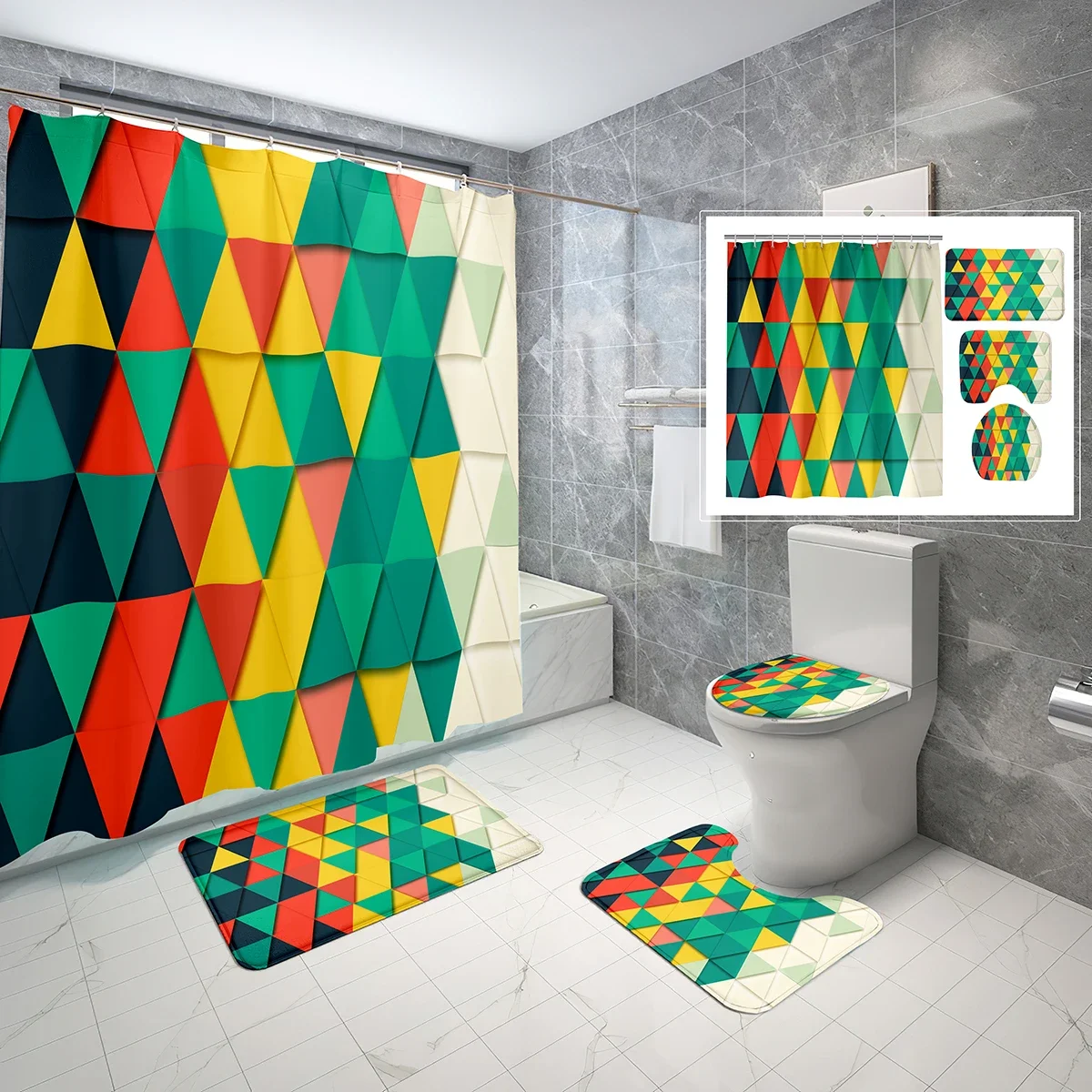 4 Pcs 3D Geometric Shower Curtain Sets with Non-Slip Rugs Mat Toilet Lid Art Colorful Cube Shapes Waterproof Shower Curtain Set