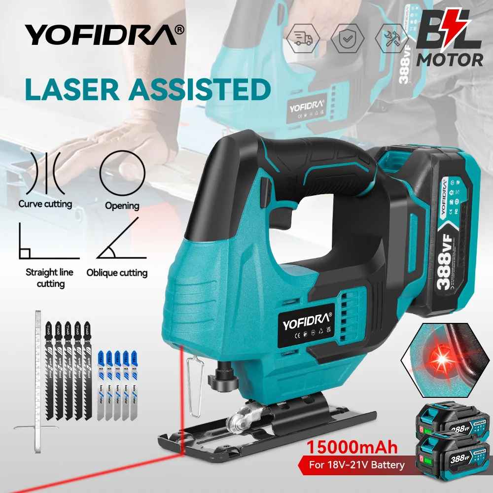 YOFIDRA 19mm Brushless Electric Jig Saw Infrared Laser Curve Saw Multifunction Woodworking Tool For Makita 18V Battery Pin