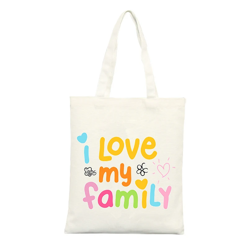 Canvas Tote Bag with "I Love My Family" Letter Print and Heart Graphics, Ideal for Casual Daily Use and Family Outings
