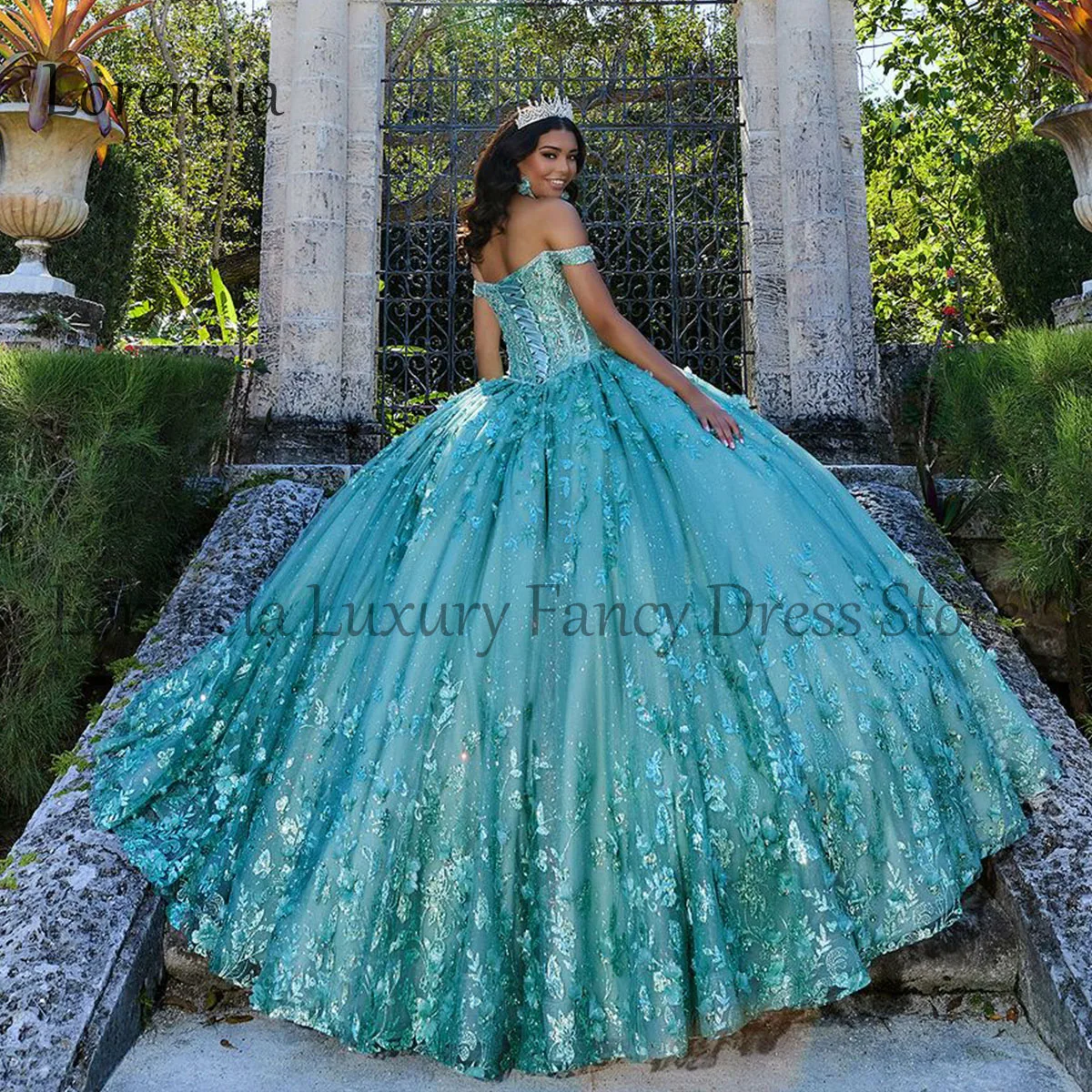 Groene 2024 Prinses Quinceanera Jurk Sweet 15 16 Baljurk 3d Bloemen Applique Van De Schouder Formele Vestido De 15 Anos