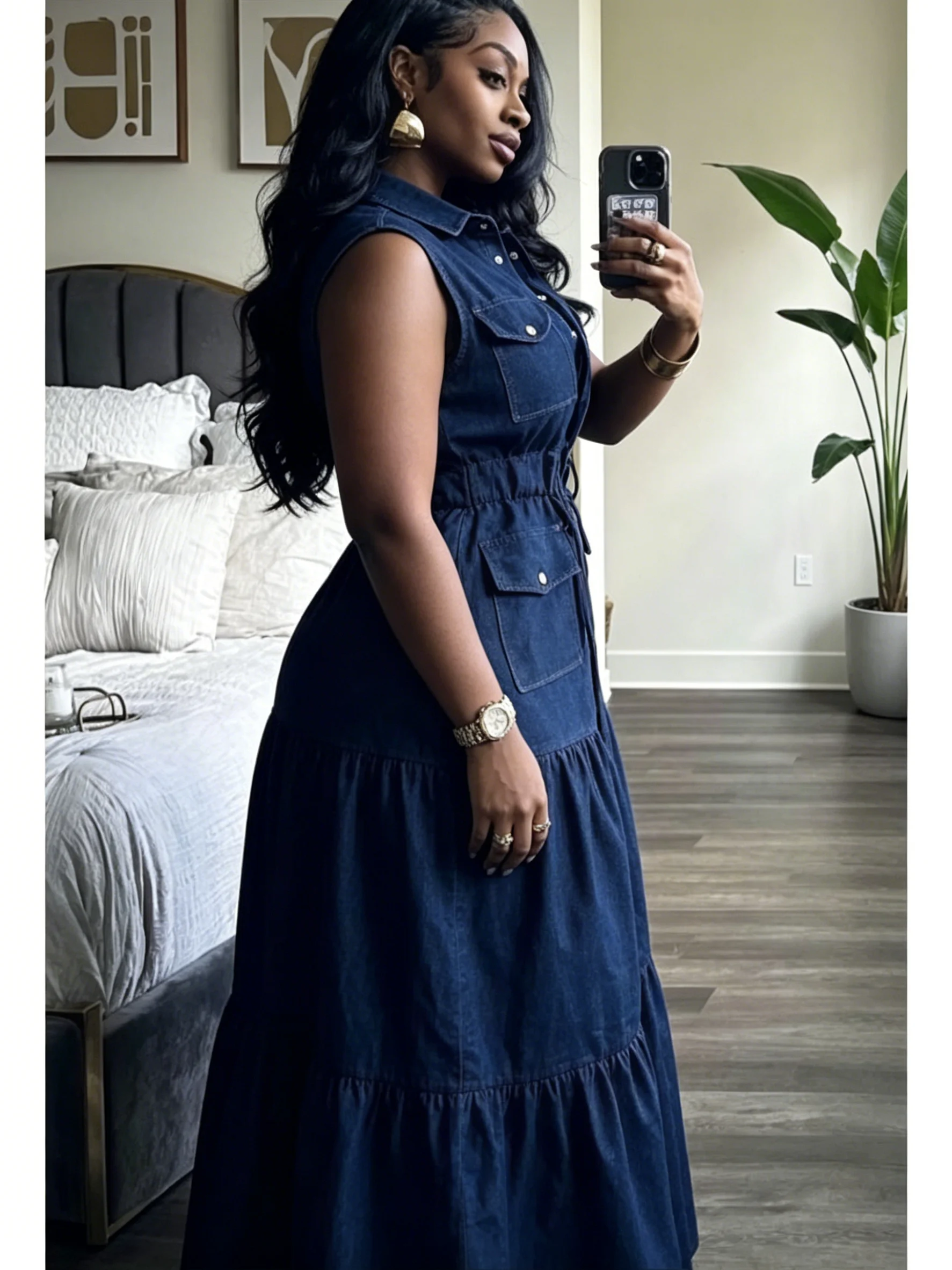 Trendy Sleeveless Denim Maxi Dress Women Casual Button Up Drawstring Waist Tiered Ruffle Jean Long Dresses Streetwear Outfits - view 3
