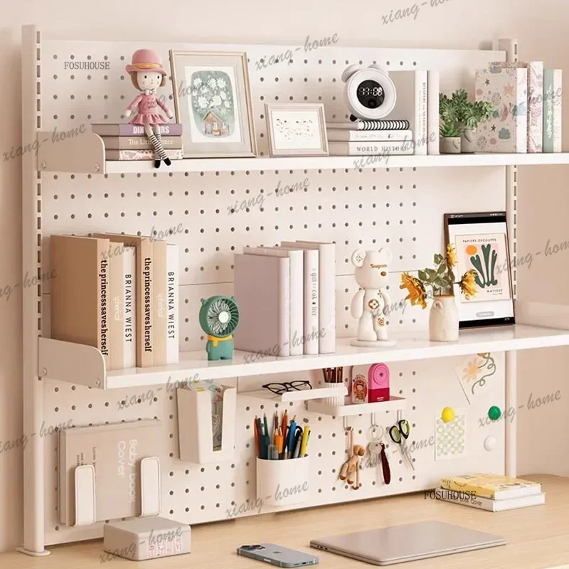 LSModern Metal Bookcases No Drill Multi Layer Standing Bookshelf with Pegboard Creative Convenient Storage Shelf for Office Stud