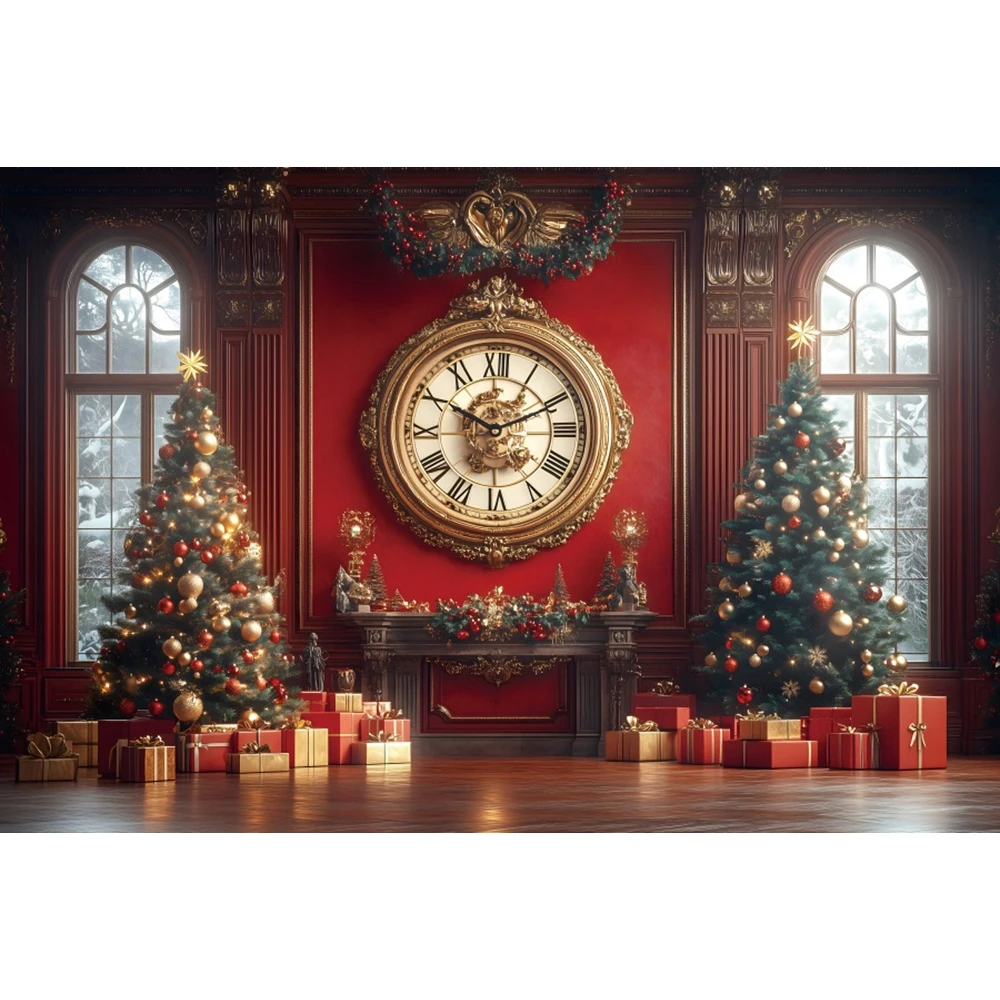 Retro Wall Christmas Clock Backdrops XMAS Tree Gifts Baby Photo Photographic Family Party Photography Background Photo Studio