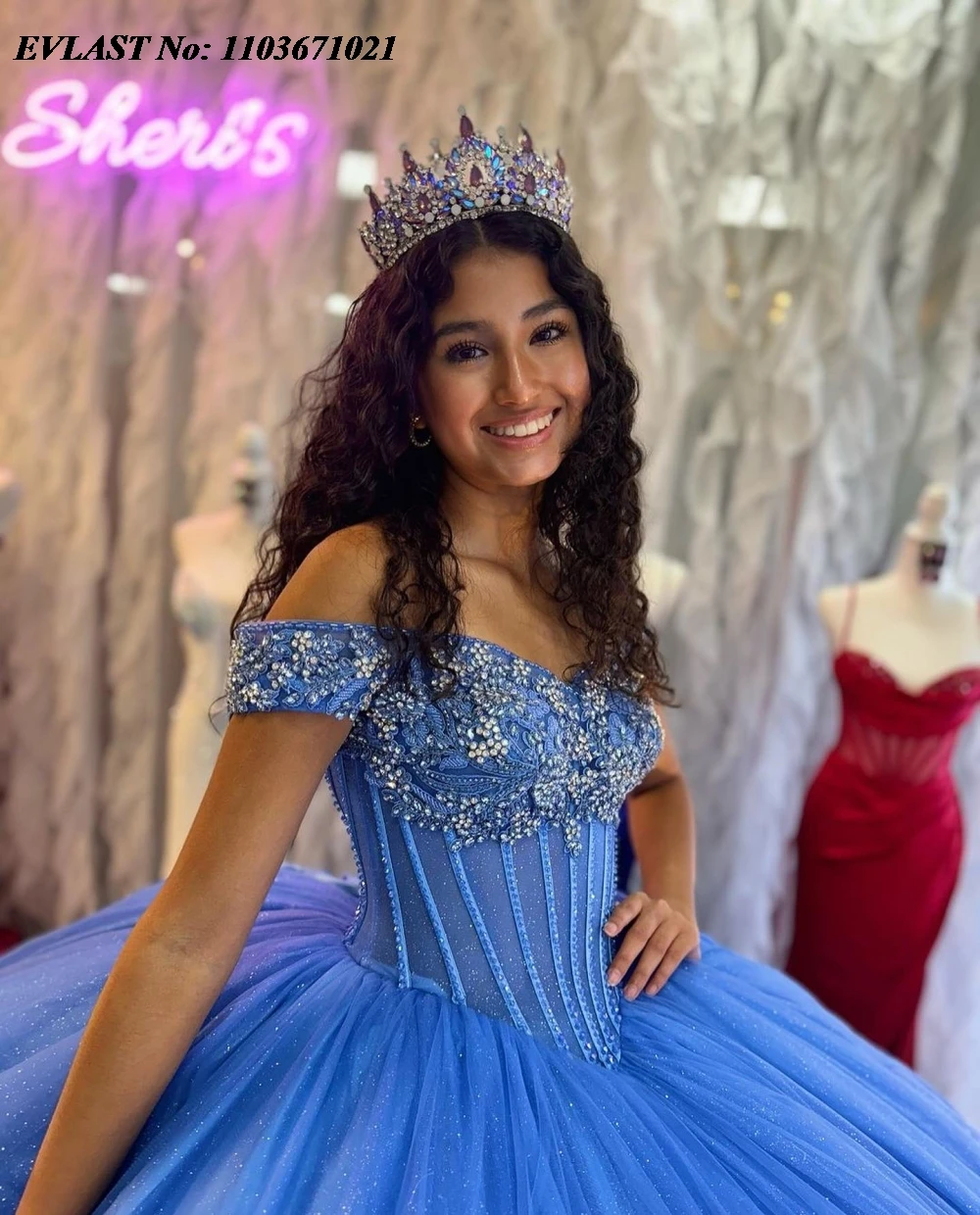 EVLAST disesuaikan gaun Quinceanera biru gaun bola Applique manik-manik kristal Meksiko korset manis 16 Vestidos De 15 Anos SQ745