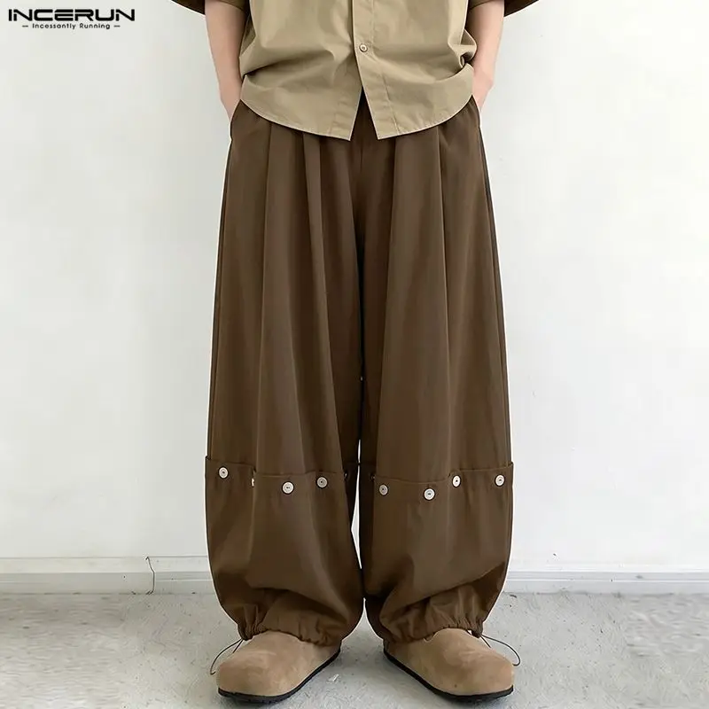 INCERUN Men's Pants Solid Color Elastic Waist Joggers Casual Wide Leg Trousers For Man Streetwear Loose Fashion Wide Leg Pants
