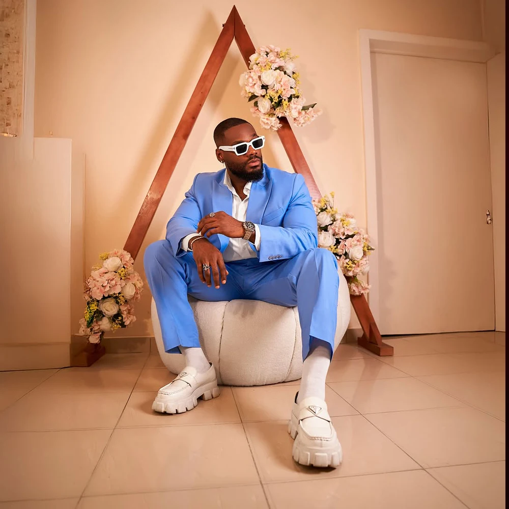 

Blue Men's Suits 2 Pieces Peaked Lapel Double Breasted Wedding Groom Blazer Prom Slim Fit Office Business Jacket+Pant Customized