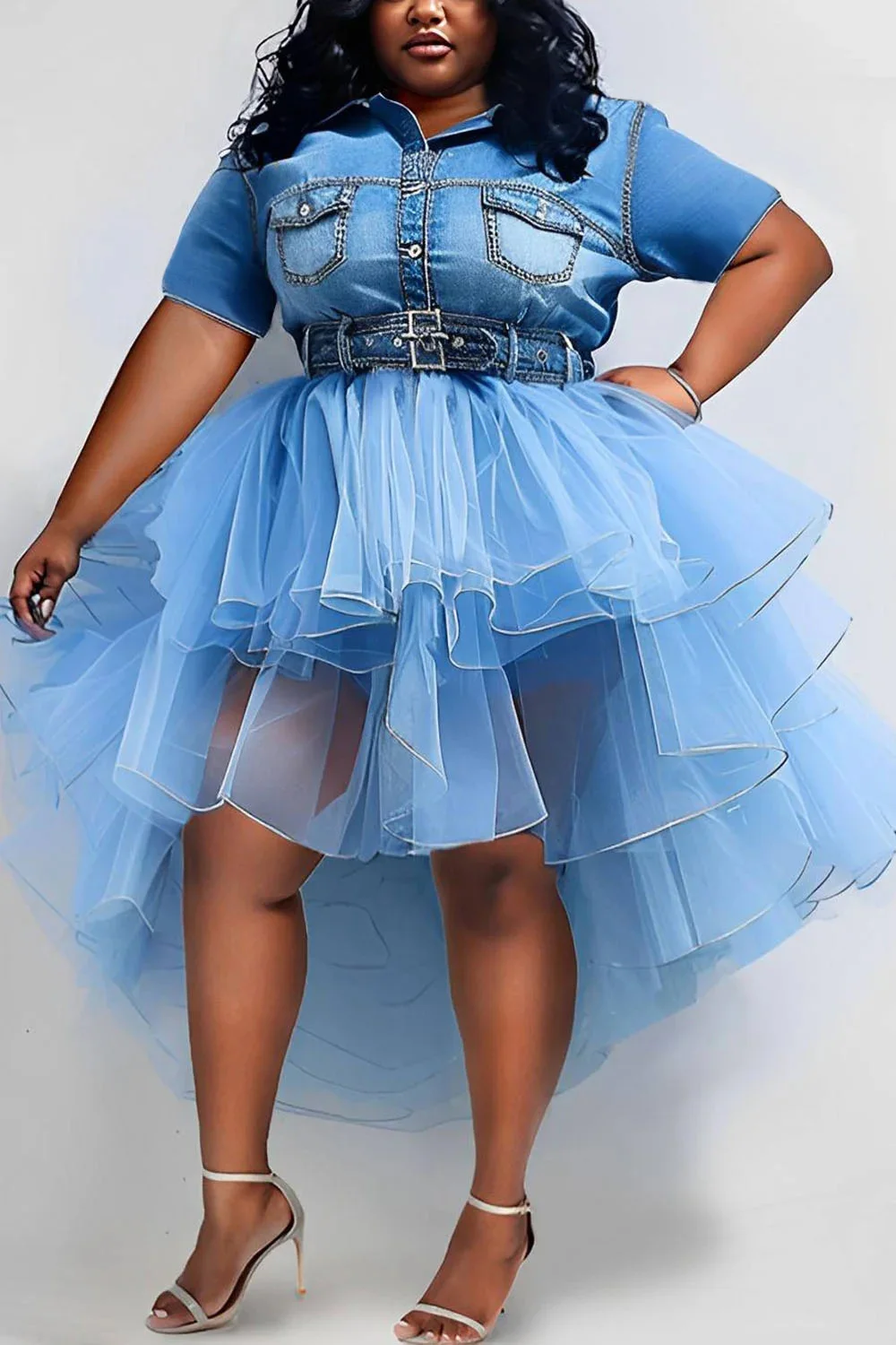 

Plus Size Party Blue Shirt Collar Short Sleeve Contrast Irregular Hem Tencel Denim Two Piece Skirt Sets