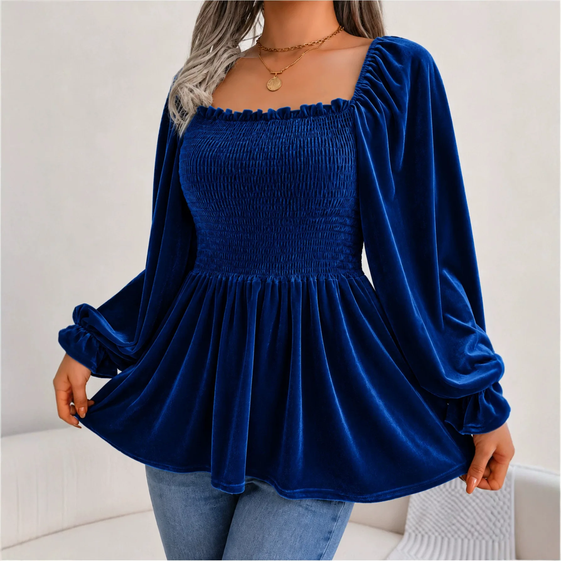 Anno's Own Design 2026 Women's Random And Fashionable Velvet Roasted And Pleated T-shirt Top Robe Maxi Vestidos