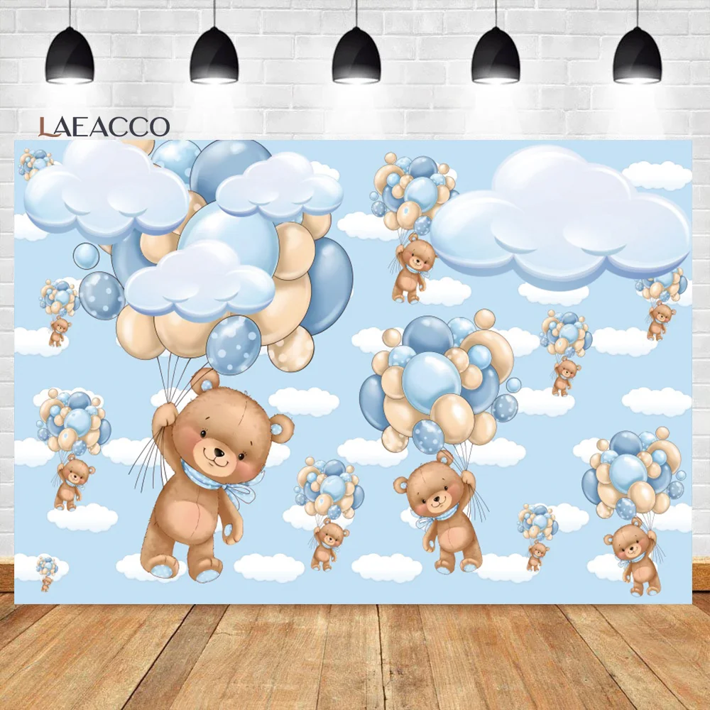 

Laeacco Bear Baby Shower Backdrop Cartoon Blue Sky White Clouds Balloons Boy Kids 1st Birthday Portrait Photography Background