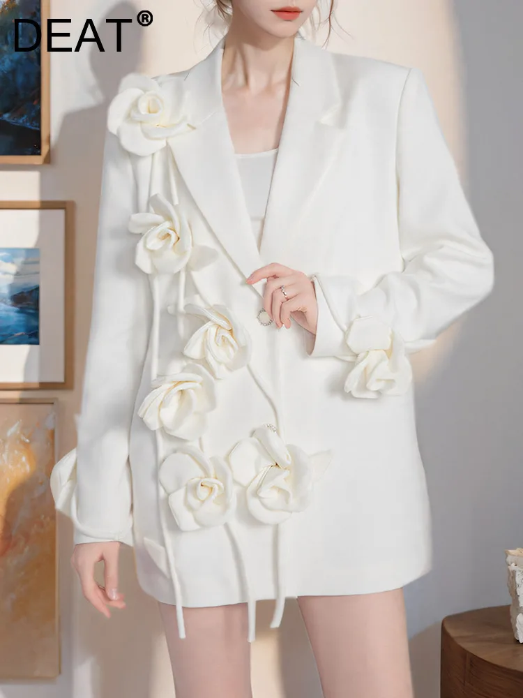 

DEAT 3D Flowers Lapel Women Blazer Coat 2024 Elegant Single Breasted Full Sleeve Solid Color Female Fashion Jacket 15KB5941