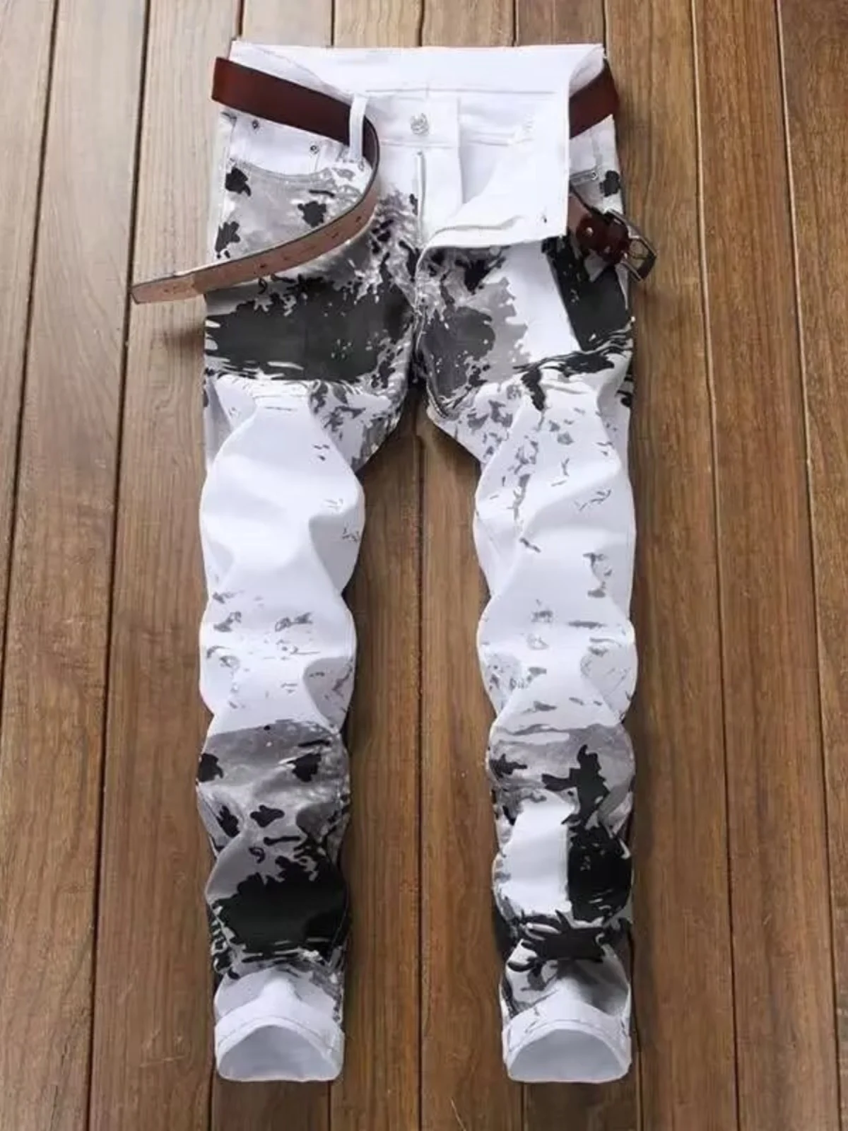 

Summer Thin White Printed Elastic Jeans Men's Casual Straight Fit Long Pants Personality Fashion Trendy Mid-Low Waist Zipper Fly