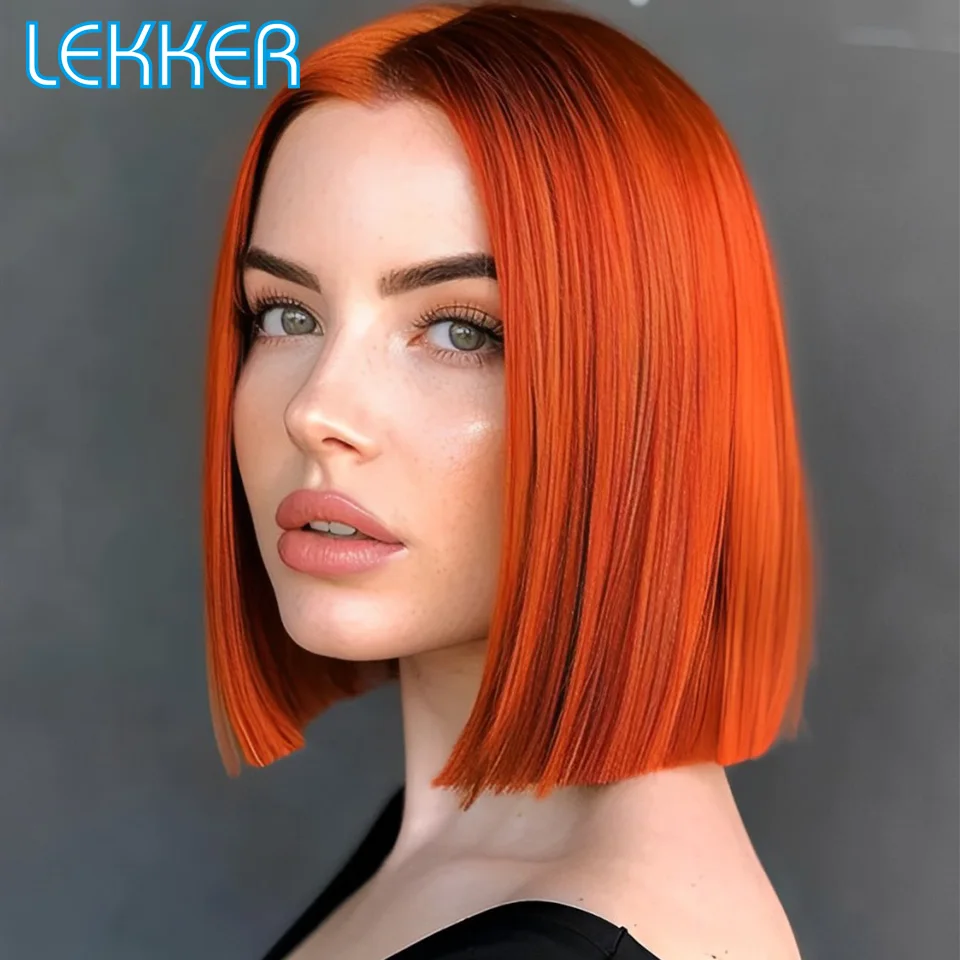 Lekker Ginger Orange Short Straight Bob 13X1 T Lace Front 100% Human Hair Wigs For Women Brazilian Remy Hair Colored Pixie Wigs