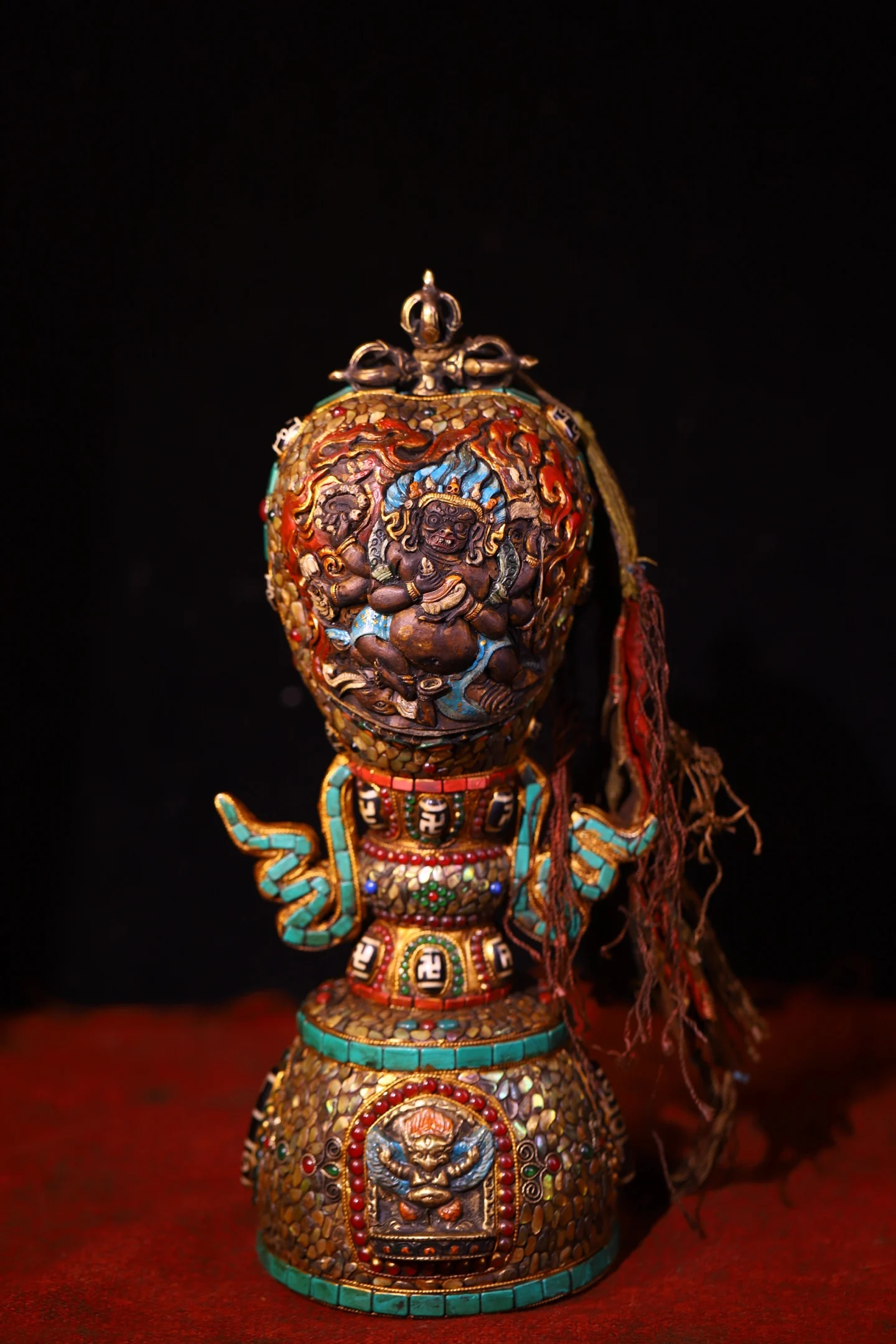 Old Kapala Mosaic Gem gZi Beads Turquoise 2 bowls Six arms Mahakala Yamantaka Buddha Gabala Bowl Eight Treasures Bodhi Root Base