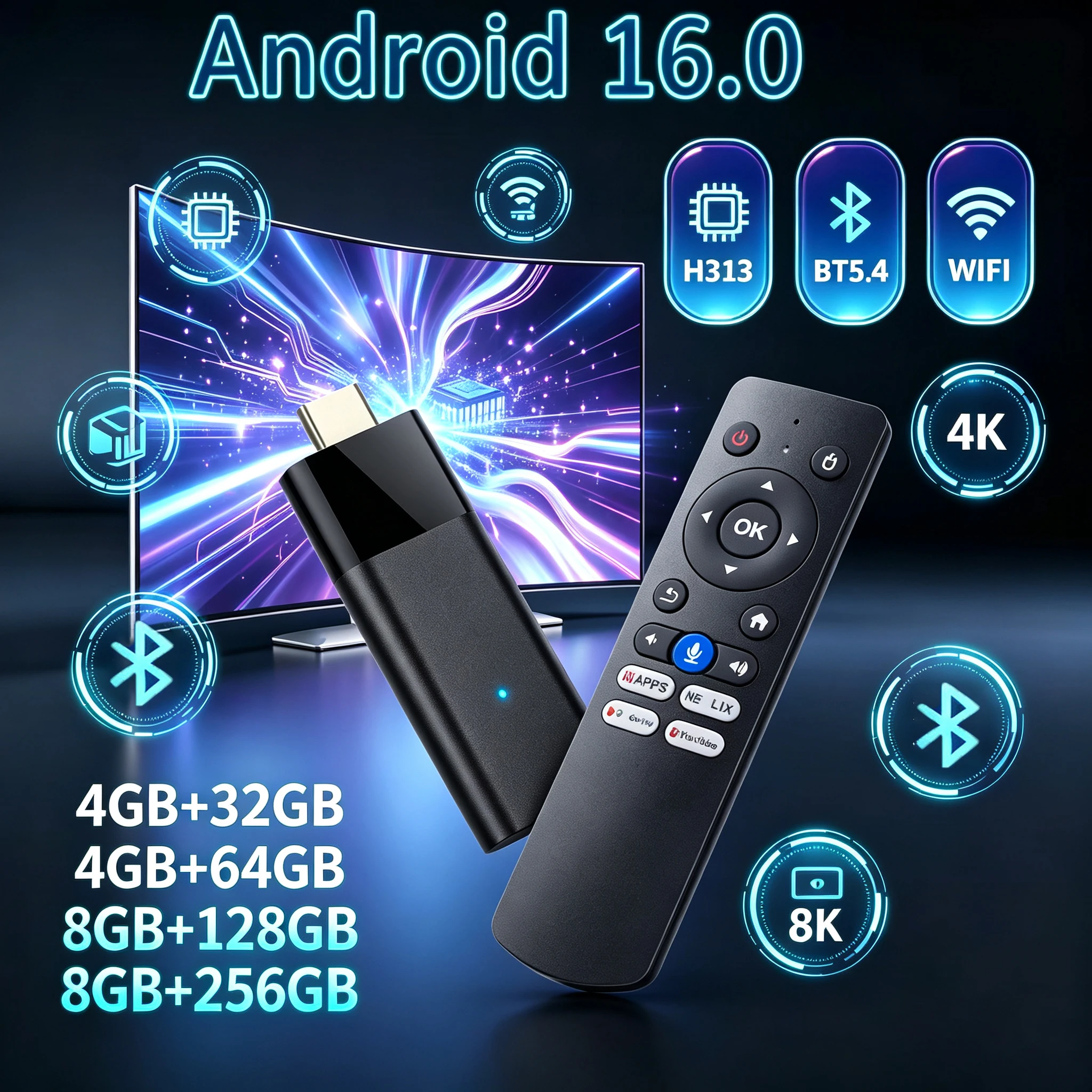 Android 16 Q12 Mini TV Stick Ram 4GB 8GB Rom 32GB 64GB 128GB  256GB Quad Core Allwinner H313 BT5.4 2.4G&5G Wifi Media Player