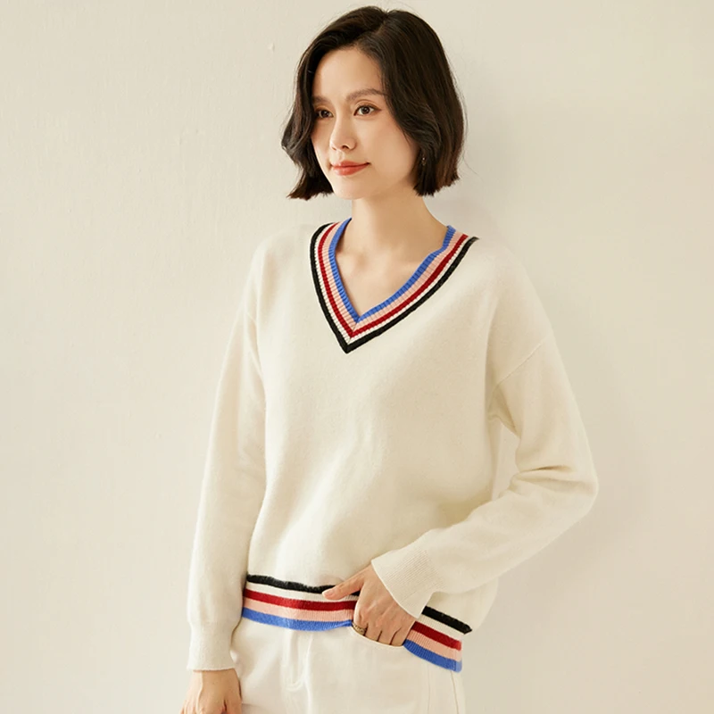 Color Blocked V-Neck Cashmere Sweater Women Spring /Autumn 2025 100% Cashmere Sweater Knitted V-Neck Pullover French Style Tops