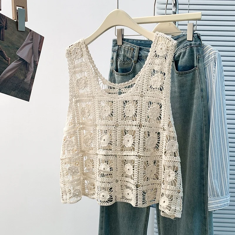 

Fashionable Hollow out Heavy Duty Hook Needle Vest 2026 New Style Women's Trendy Layering Top City Commute Regular Length