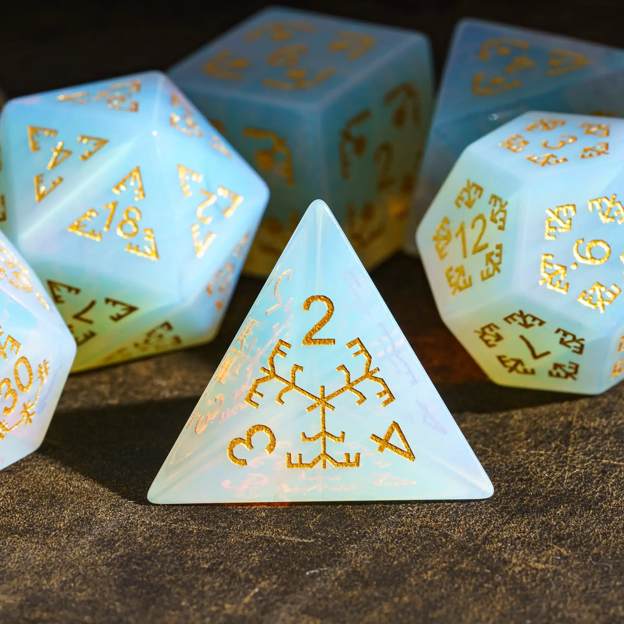 Cusdie Handmade Opal Stone Dice, 7Pcs 16mm Pattern Polyhedral Dice Set with Leather Box, Gemstone D&D Game Dices for Collection