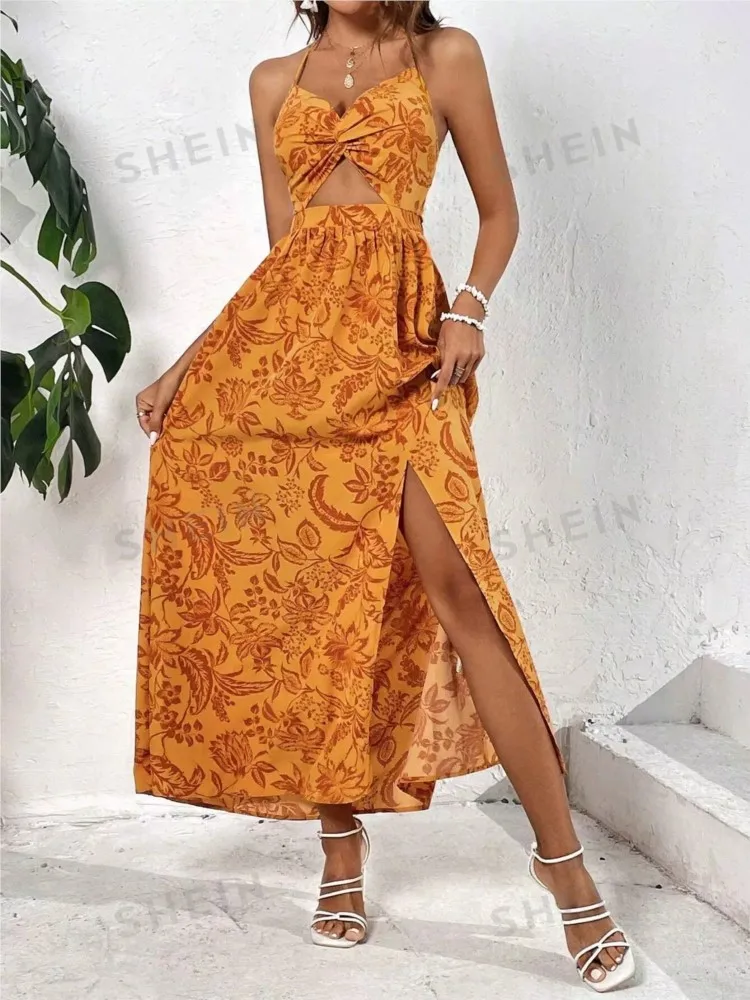 

Women's Summer New Sexy Hollow Out Twisted Pleated Lace Up Hanging Neck Fashionable Printed Casual Loose Slit Dress