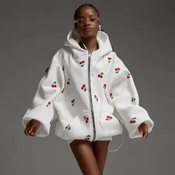 New Autumn Cherry Pattern Printed White Women ZIP-UP Hoodies Loose Sweatshirts Outdoor Sport Jacket female Casual Coat Tops