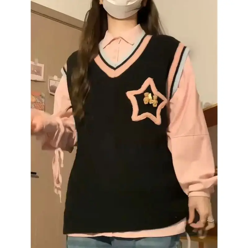 ผู้หญิงฤดูใบไม้ผลิฤดูใบไม้ร่วง Preppy สไตล์เสื้อถักเสื้อกั๊กกระโปรงลายสก๊อตชุด Lady หลวมเสื้อกันหนาวเสื้อสีชมพูชุดกระโปรง