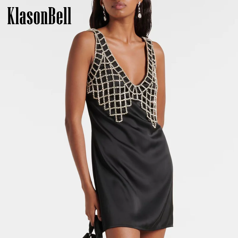 

7.19 KasonBell Luxury Crystal Mesh Diamonds Design V-Neck Suspender Dress Women Temperament Sexy Backless Party Short Dress