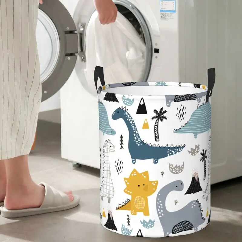 Cartoon Dinosaurs Round Laundry Basket Large Capacity Cloth Laundry Hamper Oxford Toys Storage Organizer for Home Dorm Decor