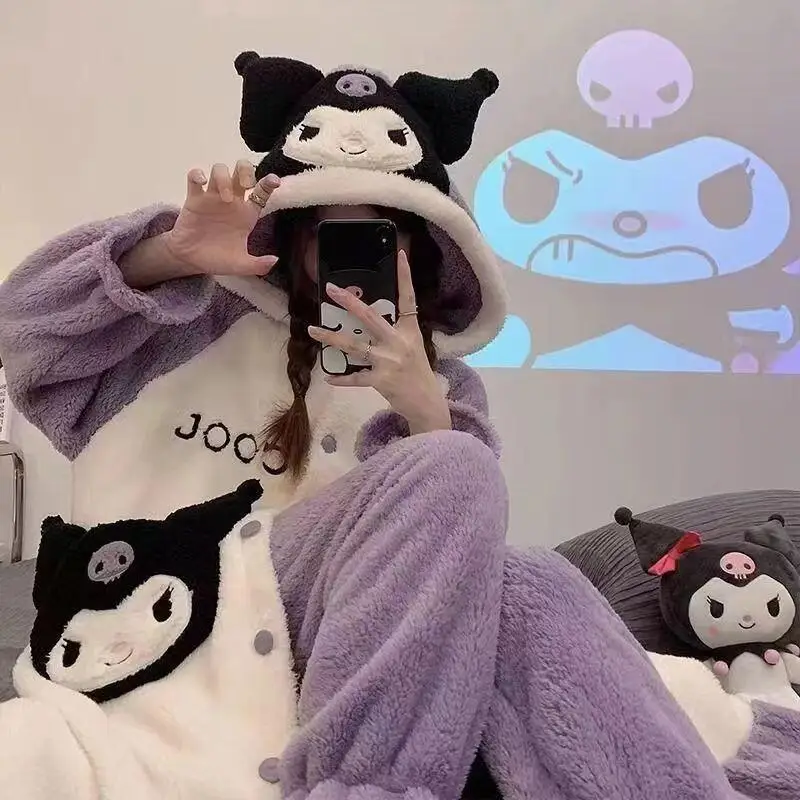 

Sanrio Kuromi Coral Velvet Pajamas Robes Winter Velvet Thickened Flannel Mid-Length Style Hooded Sleeping Gown Set Home Clothing