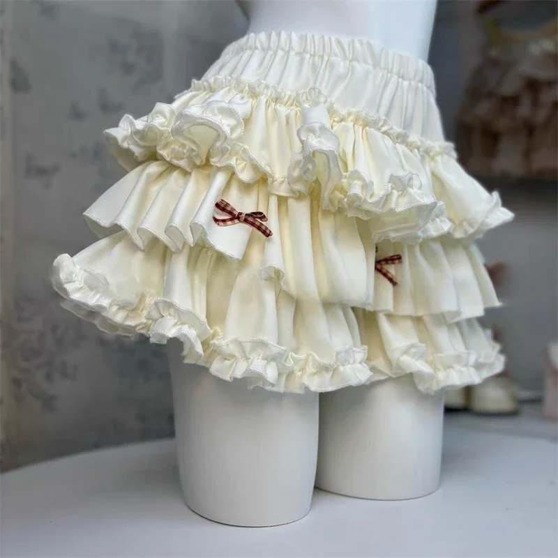 Sweet Fancy Lace Bowknot New Short Women Skirt Spricot White Ballet Cake Pumpkin Skirt Girl High Waist Slim Fluffy A-skirt Trend