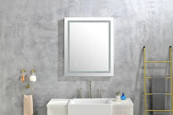 مرآة LED 36*28 للحمام مع أضواء؛ قابلة للتعتيم؛ مضادة للضباب؛ مرآة حمام مضاءة مع زر لمس ذكي؛ وظيفة الذاكرة