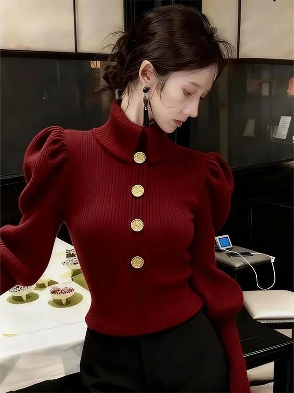 

Темно-синий вязаный свитер с высоким воротником, женская модная внутренняя одежда, осенне-зимний сезон, облегающий термотоп с длинными рукавами