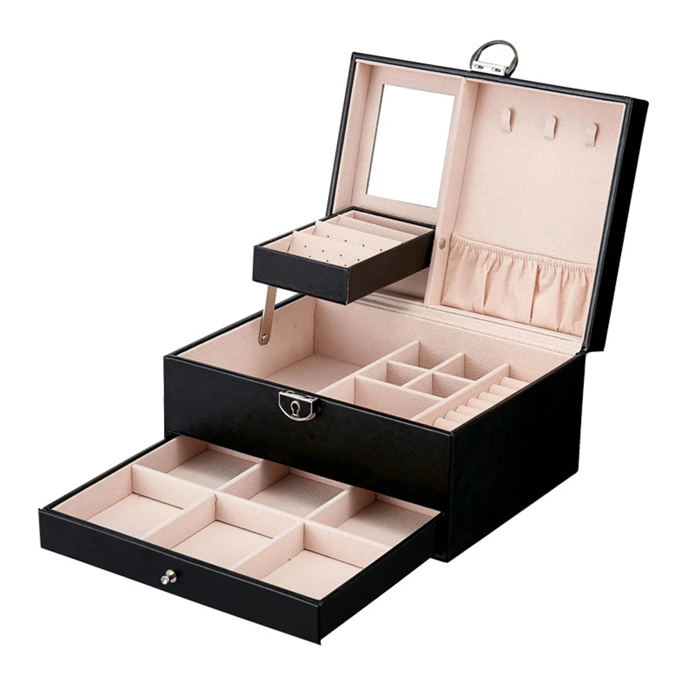 

ABHI 3 Layers PU Leather Jewelry Box Organizer Case High Capacity, Earrings Rings Chain Bracelet Display Dresser Storage Box