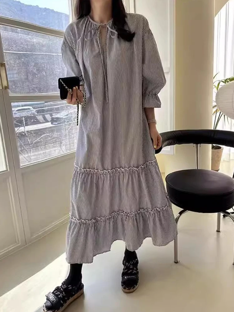 Chique vintage verão solto ajuste longo sve dr feminino ter ne amarrado dupla camada vestido de madeira coreano sle