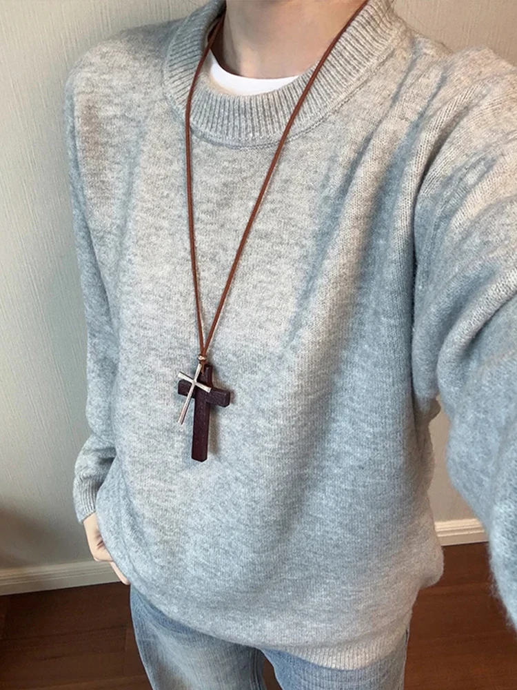 

Светло-серый мужской трикотажный джемпер в американском стиле, с круглым вырезом, базовый слой, мягкий, свободный крой, винтажный стиль, повседневная одежда