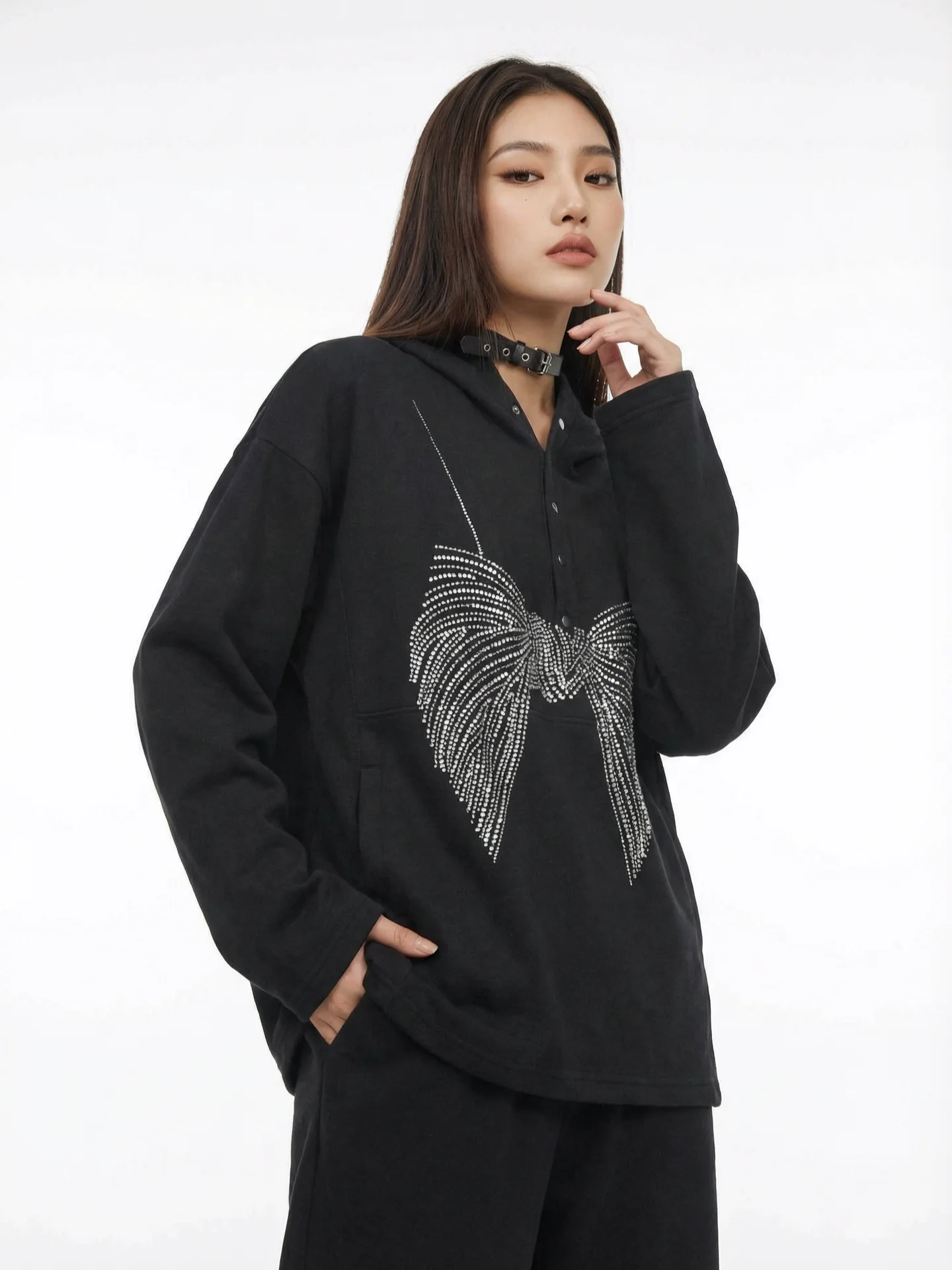

Faionable Bla Hoodie And Pants Set with Knot for Women Casual Outfit Two-Piece Ensemble Autumn Spring Wear