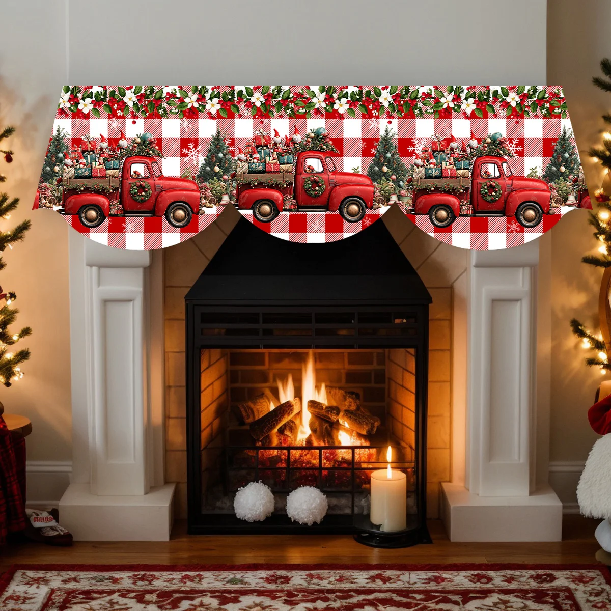VIKAMA Christmas Fireplace Mantel Scarf Red Plaid Truck Mantel Topper Holiday Fireplace Shelf Cover Farmhouse Xmas Home Decor