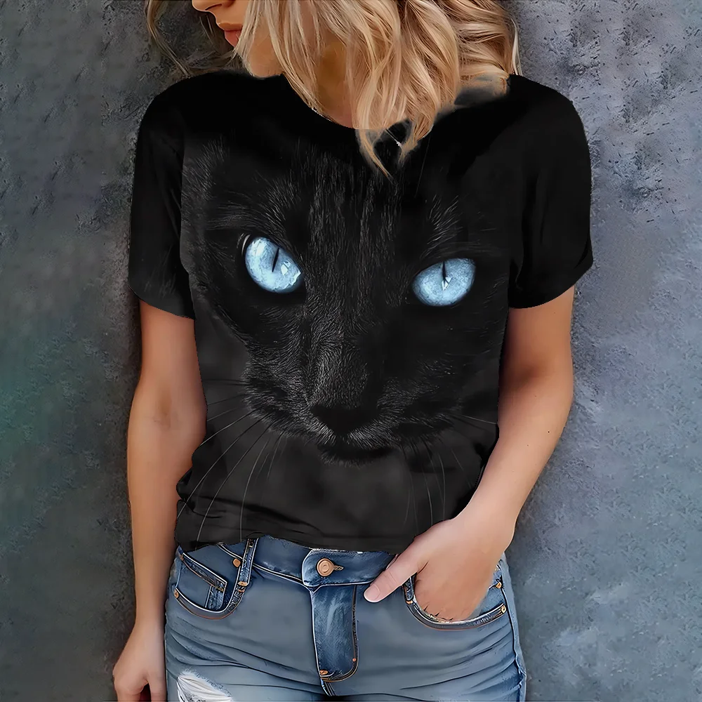 

Черная женская футболка с принтом Cool Black Cat Blue Eye, модная и универсальная — новая летняя коллекция в 2025 году